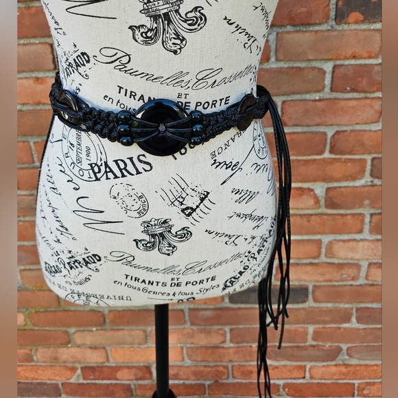 Boho Faux Leather Macramé Tassel Statement Belt – Black Adjustable S–XL – 69" - Picture 9 of 15